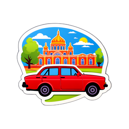 Наклейка з автомобілем на фоні Таганрога, що символізує подорожі та пригоди