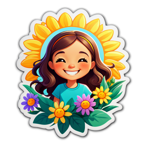 A Cheerful Sticker of Anora with Flowers and a Smiling Sun