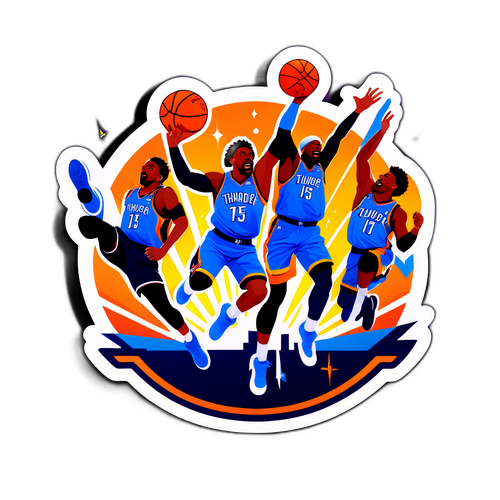 Наклейка с командой Тандер, прыгающей на фоне огней арены