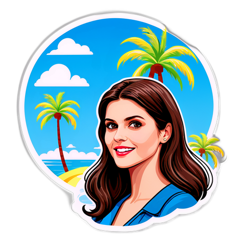 Autocollant d'Alexandra Daddario avec un fond de ciel bleu et des palmiers