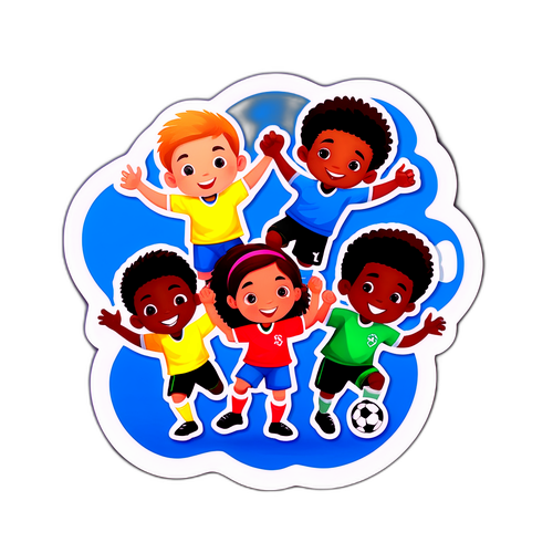 מדבקת ילדים: שחקני כדורגל מצויירים בפעילויות מהנות