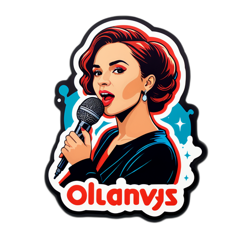 Наліпка з Олєною Кравець на сцені з мікрофоном