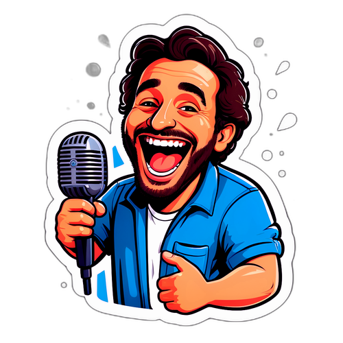 Vrolijke cartoon van Elie Semoun met een microfoon