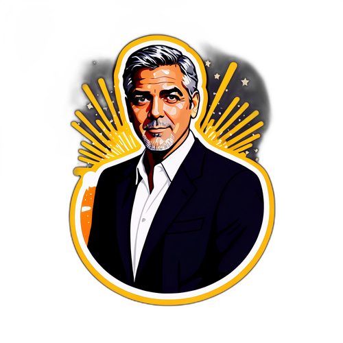 Ein Aufkleber, der George Clooney in einem klassischen Anzug zeigt, mit einem glamourösen Hintergrund von Hollywood-Lichtern.
