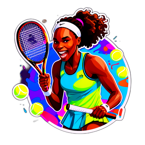 Dynamicznego naklejka Venus Williams z jej podpisem, rakietą tenisową i piłkami tenisowymi