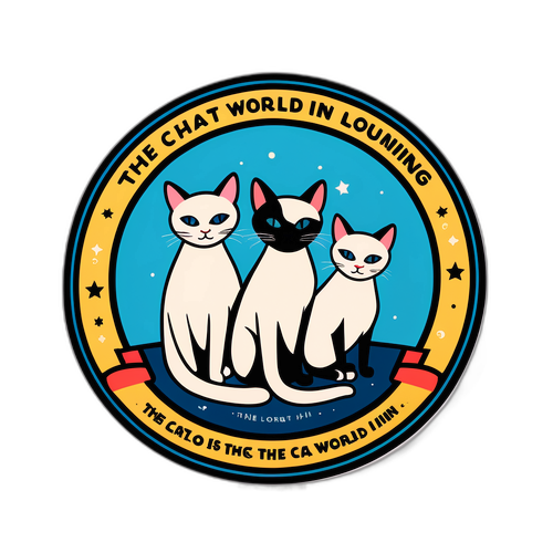 Stiker s Siamese kočkami a frází "Kočka je mistr světa v lenošení"