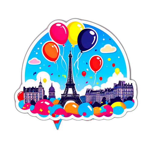 Sticker van de iconische Parijse skyline met ballonnen en confetti
