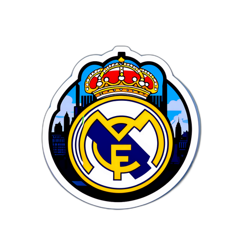 Autocollant du logo emblématique du Real Madrid avec des éléments de la ville de Madrid en arrière-plan