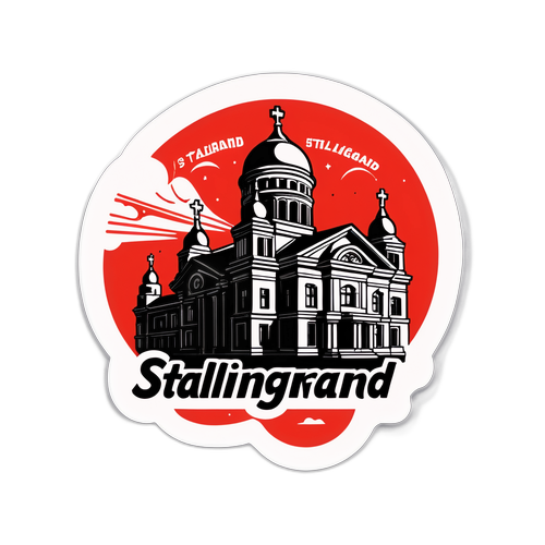 Стикер с впечатляющим контуром Сталинграда и надписью 'Сталинград: история в каждом доме'