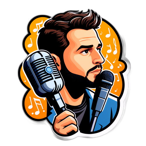 Retrato de Ryan Guilherme com um microfone e notas musicais ao redor, simbolizando sua carreira artística