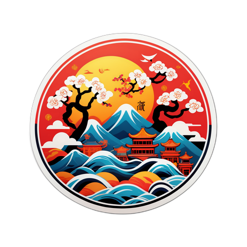 现代与传统中国文化融合的插画贴纸