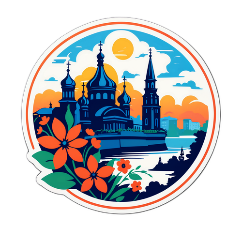 Стикер с силуэтом Саратов с цветами и праздничной атмосферой