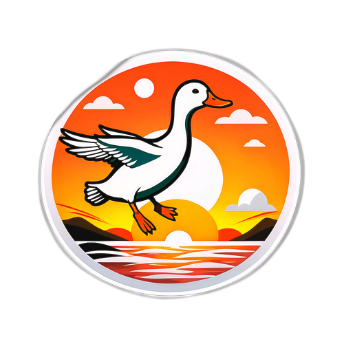 Стикер с милой уткой, летящей через оранжевый закат