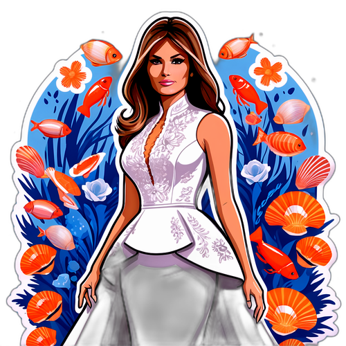Elegant illustration af Melania Trump med blomster og skaldyr