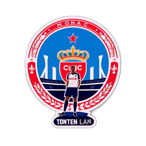 모나코의 아름다운 경기장과 토트넘 유니폼을 입은 선수들이 결합된 스티커