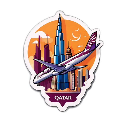 Autocollant de l'avion emblématique de Qatar Airways sur fond des monuments célèbres