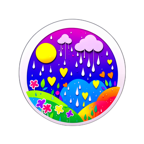 Regnig scen med hjärtformade droppar och blommor