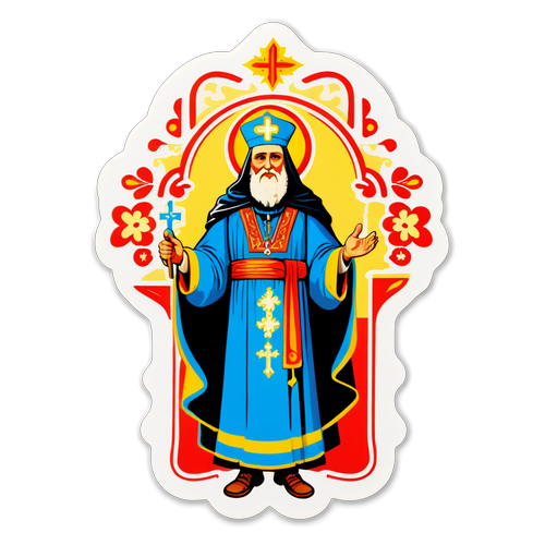 Wintage'owy sticker Biskupa Janusza Mastalskiego z elementami tradycyjnej sztuki religijnej