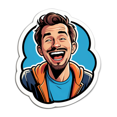 Aufkleber mit Chris Tall im Comic-Stil, der über das Alltagsleben lacht