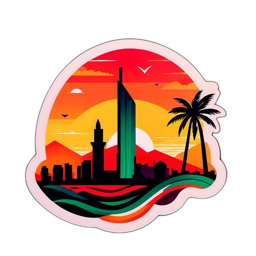 Un audace adesivo con silhouette dello skyline di Gaza al tramonto