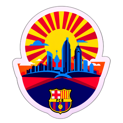 סמל ברצלונה עם נופי העיר ושקיעה