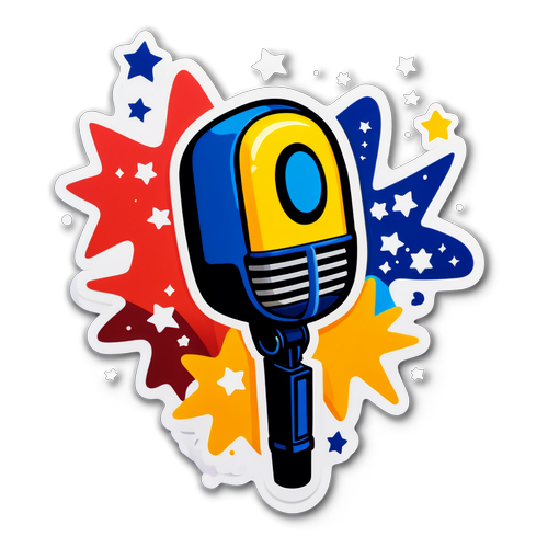 Un sticker cu un microfon și stele căzătoare, cu inscripția 'Românii au talent 2025'