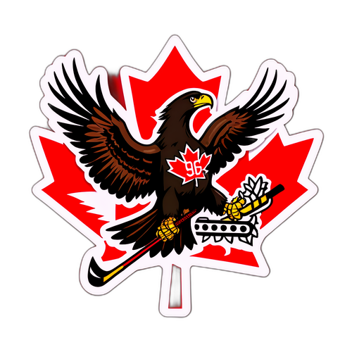 Blackhawk Soaring Above a Maple Leaf with Hockey Stick