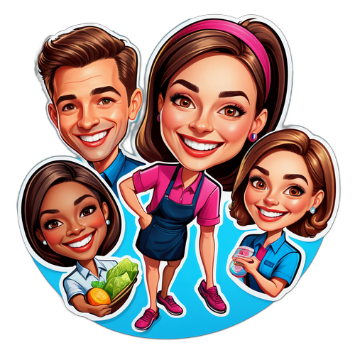 Retratos caricaturescos de empleados minoristas sirviendo con sonrisas coloridas