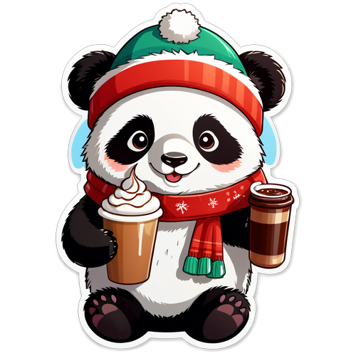 可爱的节日帽围巾熊猫抱热巧克力贴纸