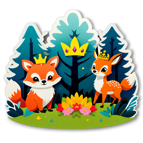 Magical Forest Scene with Crowned Woodland Animals