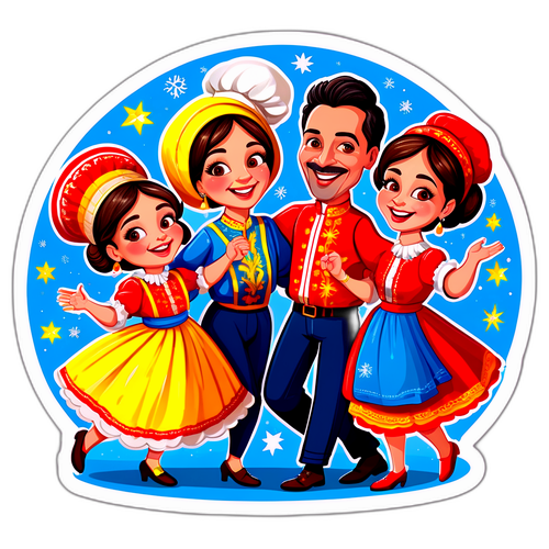 Caricatură amuzantă a unei familii românești sărbătorind 1 Decembrie