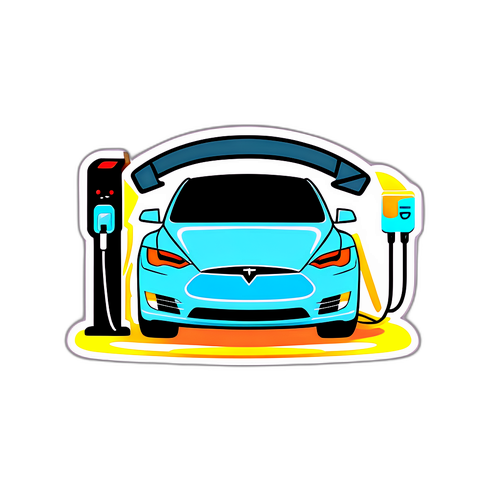 Speelse cartoon van een Tesla die oplaadt aan een modern oplaadstation