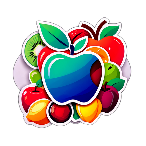 Autocollant moderne avec le logo Apple et des fruits symbolisant la créativité technologique