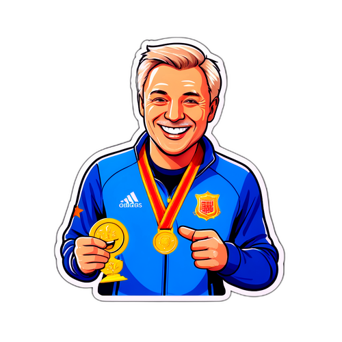 Nálepka s Borisem Jirkou, který se usmívá a drží medaili za sportovní úspěchy