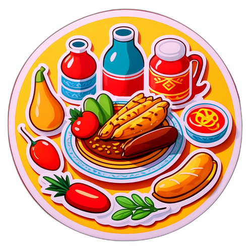 의식용 테이블에 배열된 음식 스티커