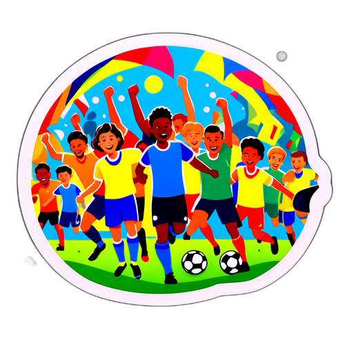 Sticker van een stylized voetbalwedstrijd met een diverse menigte