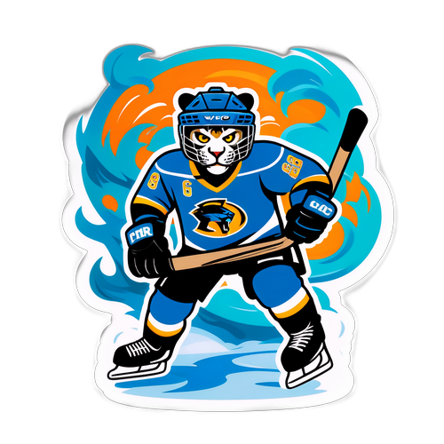 Cartoon Hockey Player in Panther Costume Battling Hurricane