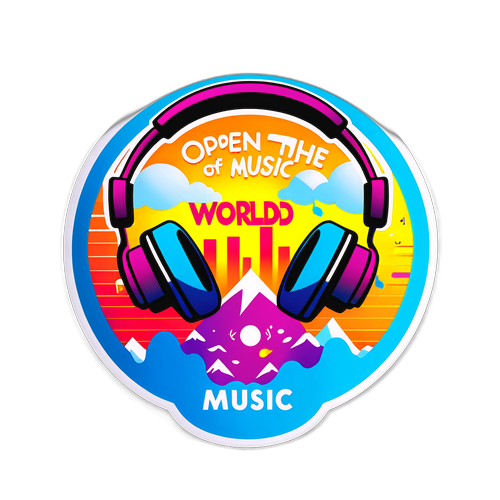 สติ๊กเกอร์เพลง MP3 พร้อมไอคอนหูฟังและคลื่นเสียงที่มีชีวิตชีวา