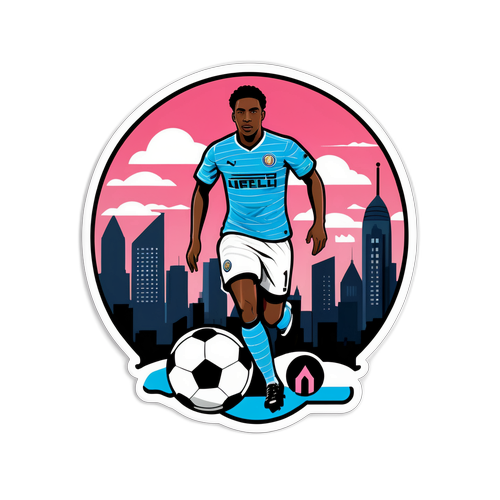 Sticker eines dynamischen Fußballspielers von Inter Miami vor einer grafischen Skyline von Montreal