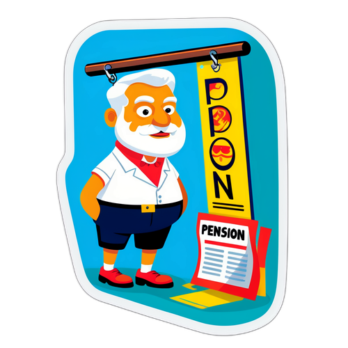 Autocollant illustrant un personnage accrochant une affiche de 'Réforme des Retraites'