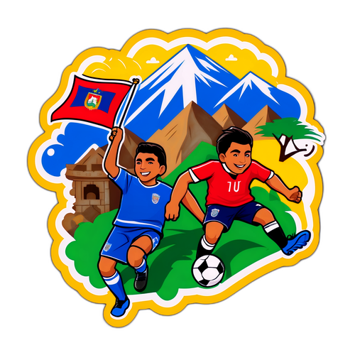 Diseño de sticker representando a LDU Quito y Emelec en un paisaje andino