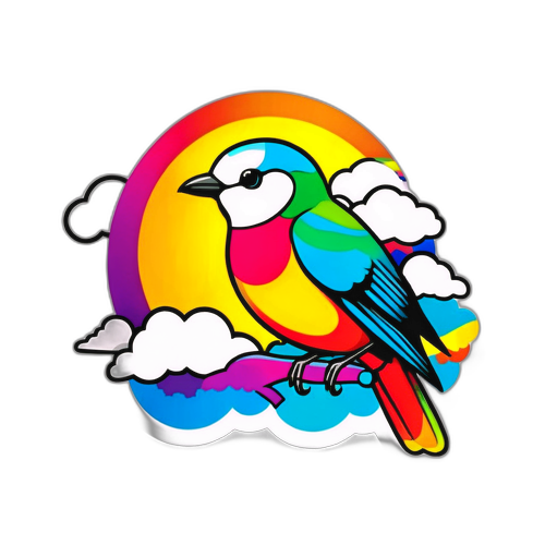 Дизайн наклейки для Twitter с птицей на фоне ярких облаков и радуги