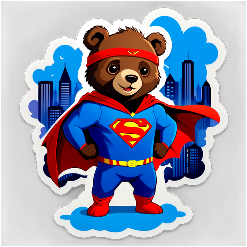 可爱的小熊穿着超人服装背景是夜晚的高楼大厦和天空飞舞的蝙蝠