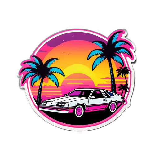 Sticker w stylu Miami Vice z neonowymi ulicami i klasycznymi samochodami