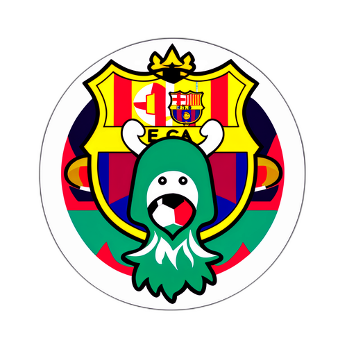 Nálepka s duchem Barcelony – Elche, s fotbalovými ikonami a oslavami fanoušků