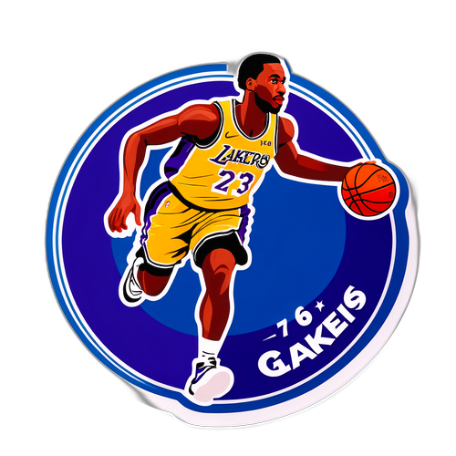 Arte de um jogador de basquete em movimento durante um jogo entre os 76ers e os Lakers, com a inscrição 'Um jogo histórico'