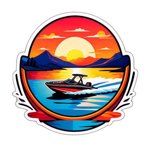 Een snelheidboot die over de meren van Martigues vaart met een zonsondergang op de achtergrond