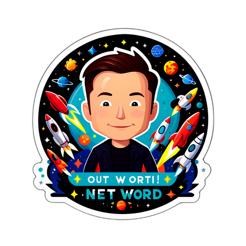 एक शानदार स्टिकर जिसमें एलन मस्क के चारों ओर नवाचार के प्रतीक हैं