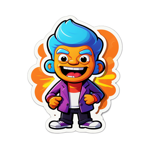 Een funky sticker van Booder in een komische pose met helder achtergronden