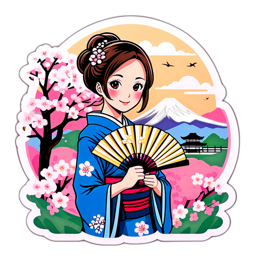 春の桜とファンを持つユウコ・タケウエのイラスト